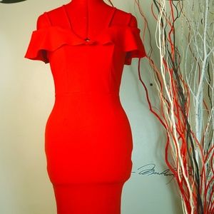 Off the Shoulder Red Fitted Dress with Split